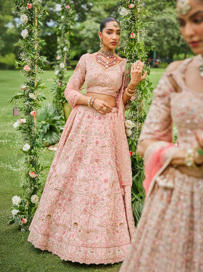 Pink Raw Silk Wedding Lehenga With Hand Embriodry Work