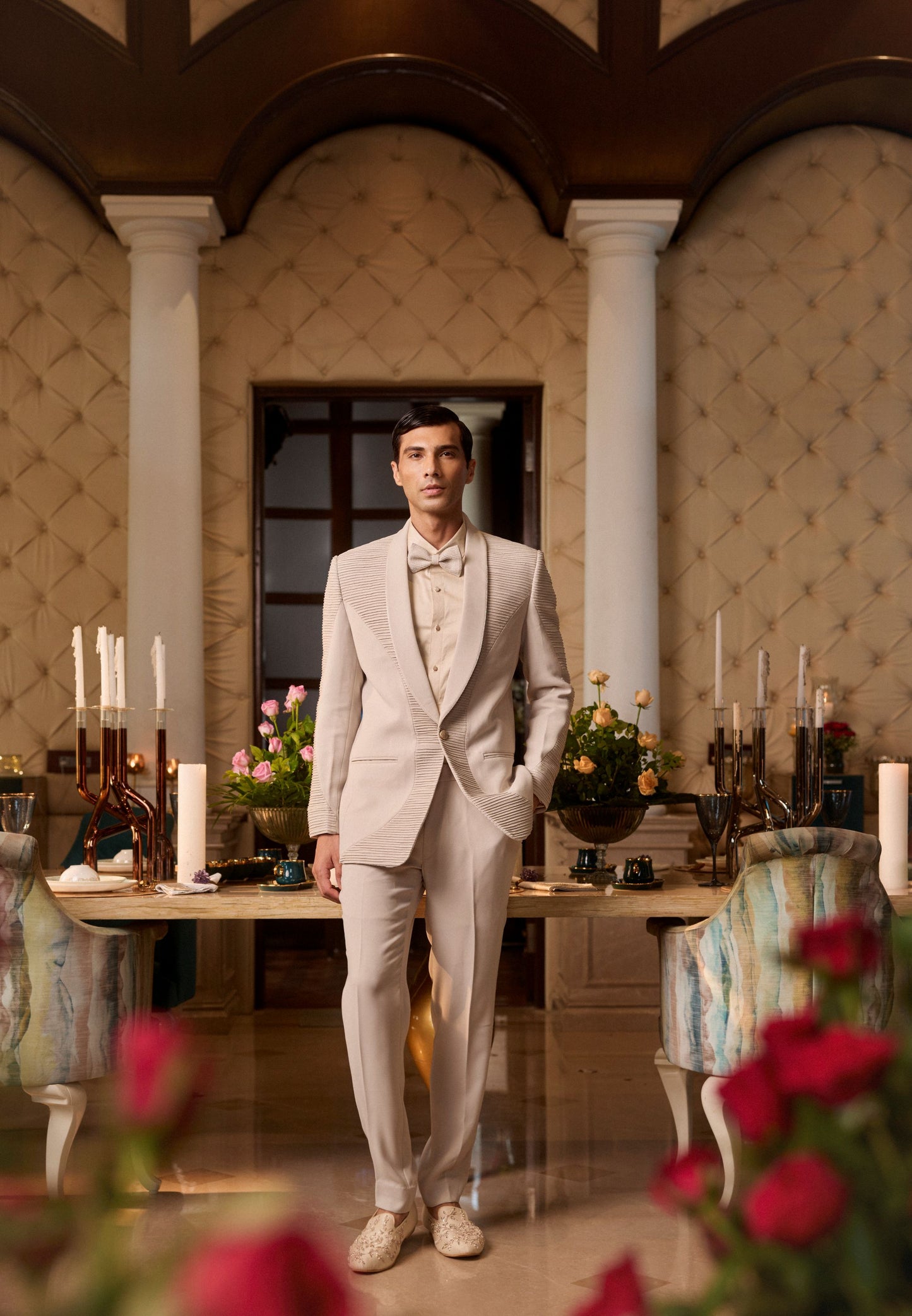Rose Pink Tuxedo With Pintex Detailing And Hand Work