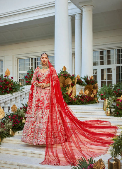 Red Coloured Bridal Motif Hand Work Lehenga