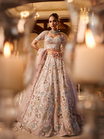 3D Embriodered Offwhite Floral Lehenga