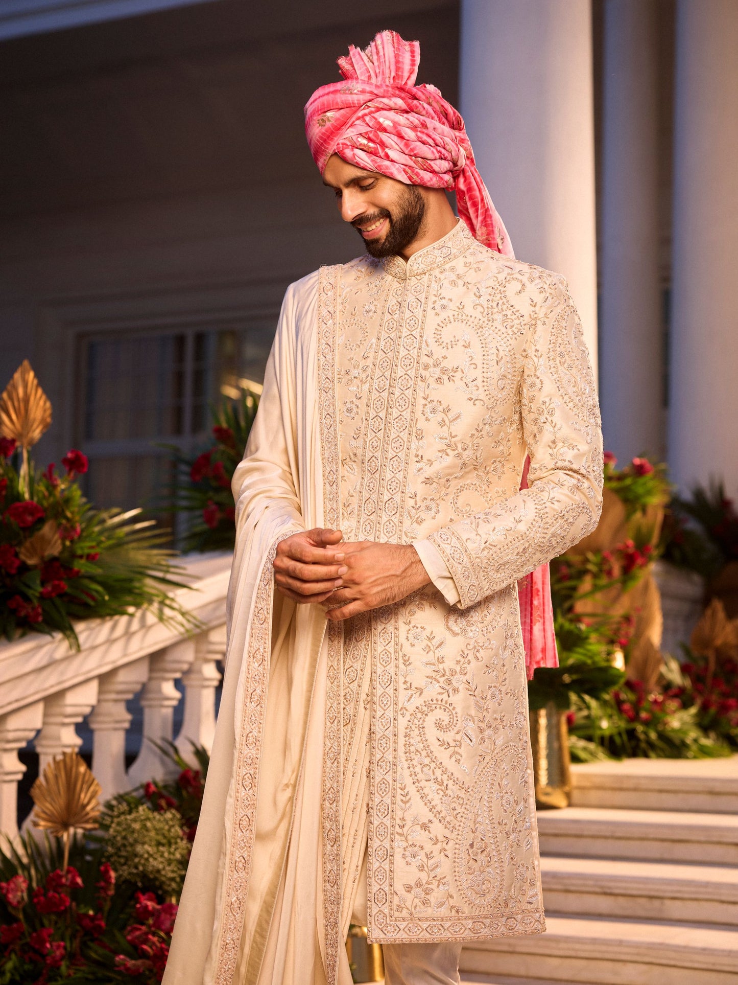 Cream Paisley Raw Silk Sherwani Set With Golden Zardosi Work