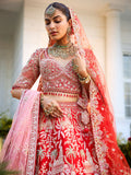 Red Colour Floral Motif Hand Embroidered Bridal Lehenga