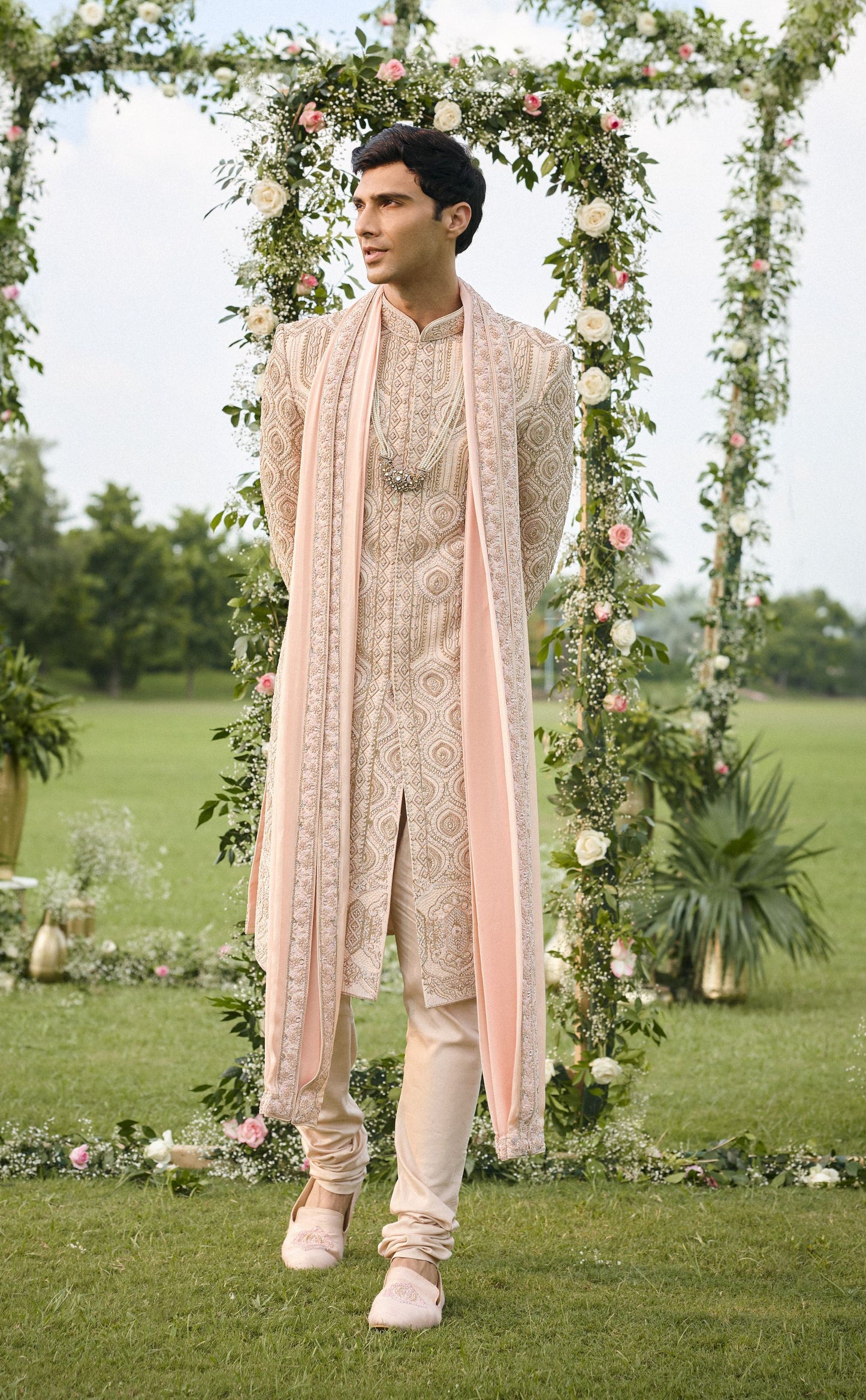 Peachish Pink Raw Silk Sherwani Set With Rose Gold Zardosi Work