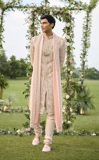 Peachish Pink Raw Silk Sherwani Set With Rose Gold Zardosi Work