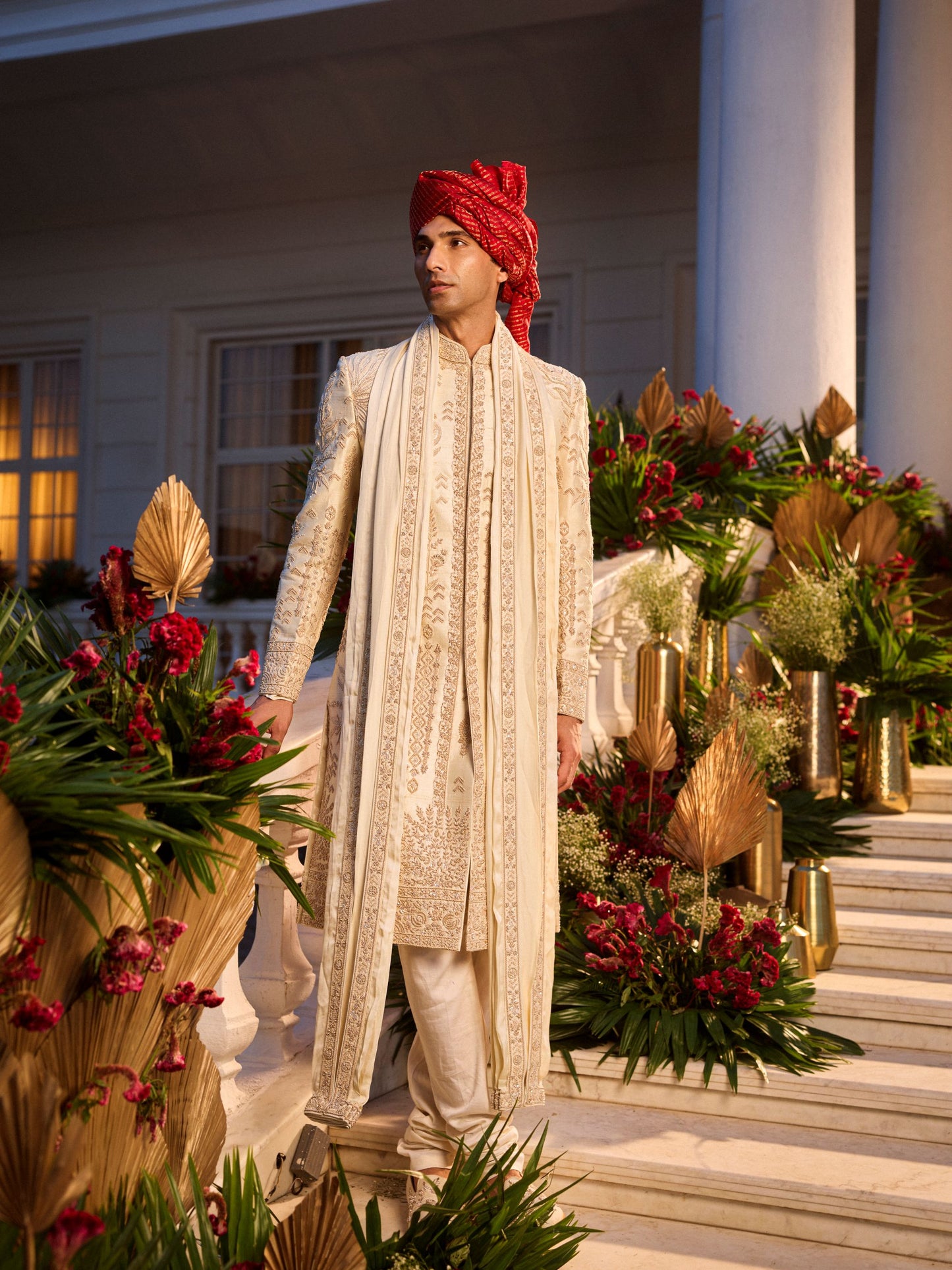 Ivory Raw Silk Sherwani Set With Golden Zardosi & French Knot Work