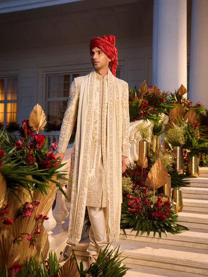 Ivory Raw Silk Sherwani Set With Golden Zardosi & French Knot Work