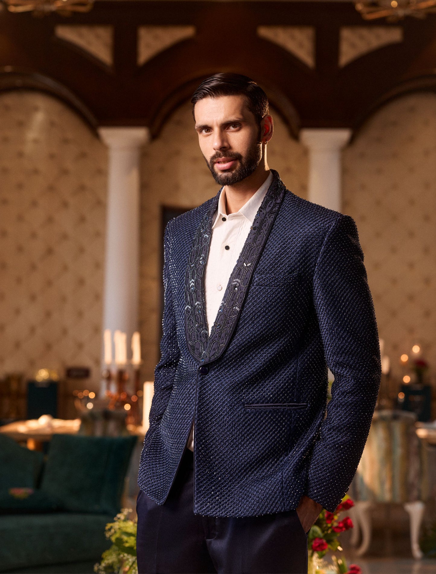 Dark Blue Suede Tuxedo Set