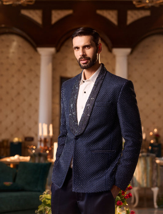 Dark Blue Suede Tuxedo Set