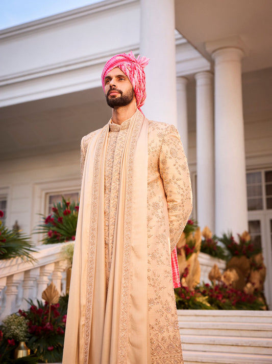 Ash Raw Silk Sherwani Set With Rose Gold Zardosi Work