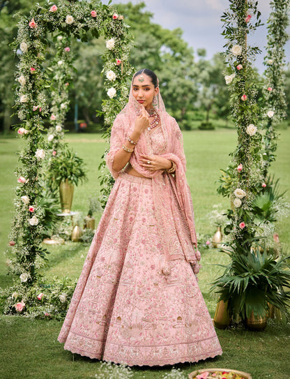Pink Raw Silk Wedding Lehenga With Hand Embriodry Work