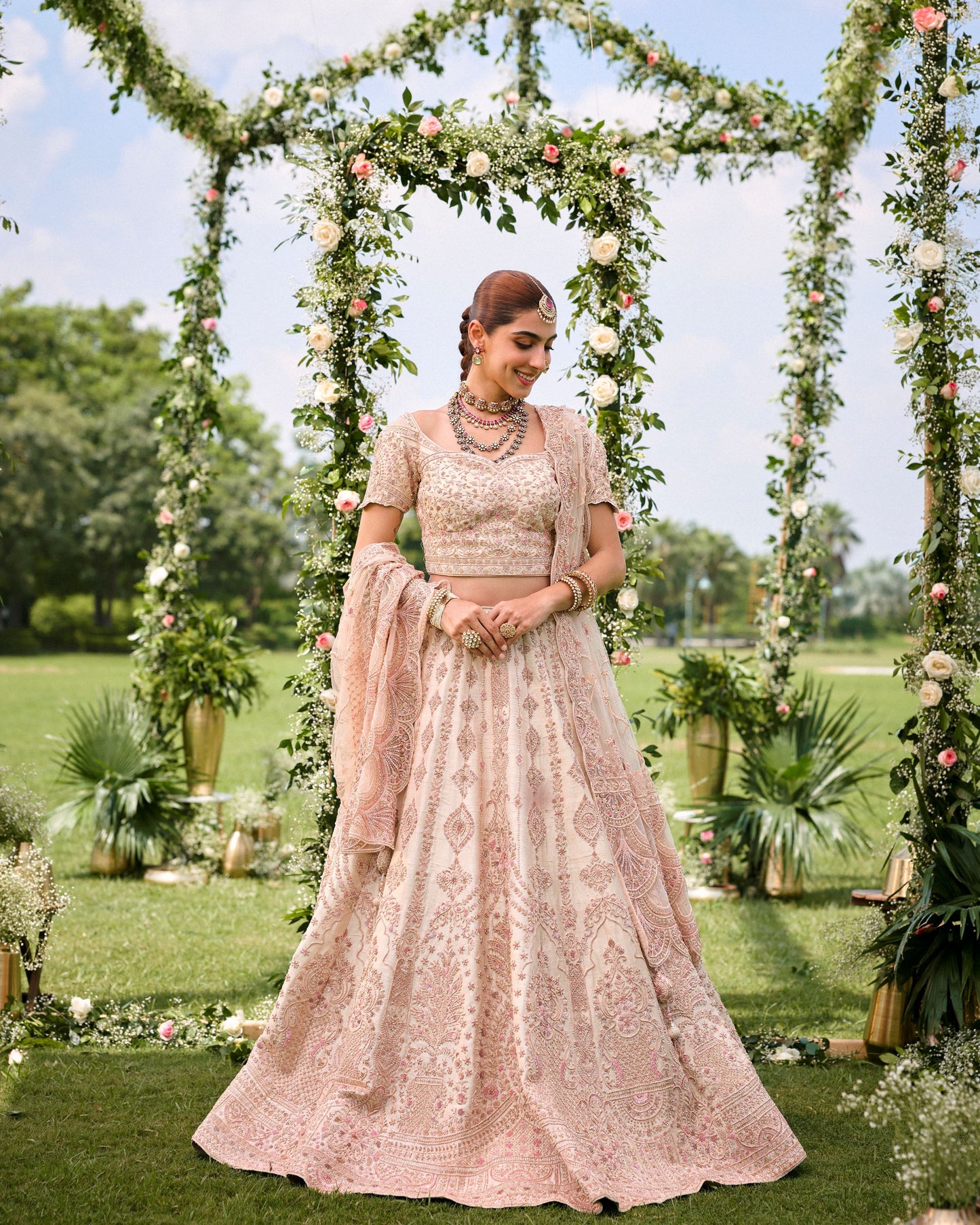 Powder Pink Heavy Hand Embriodered Lehenga On Raw Silk