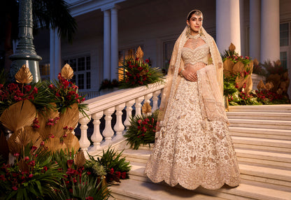 Off-White Heavy Zardosi Work Lehenga With Bird Motif