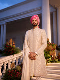 Cream Paisley Raw Silk Sherwani Set With Golden Zardosi Work