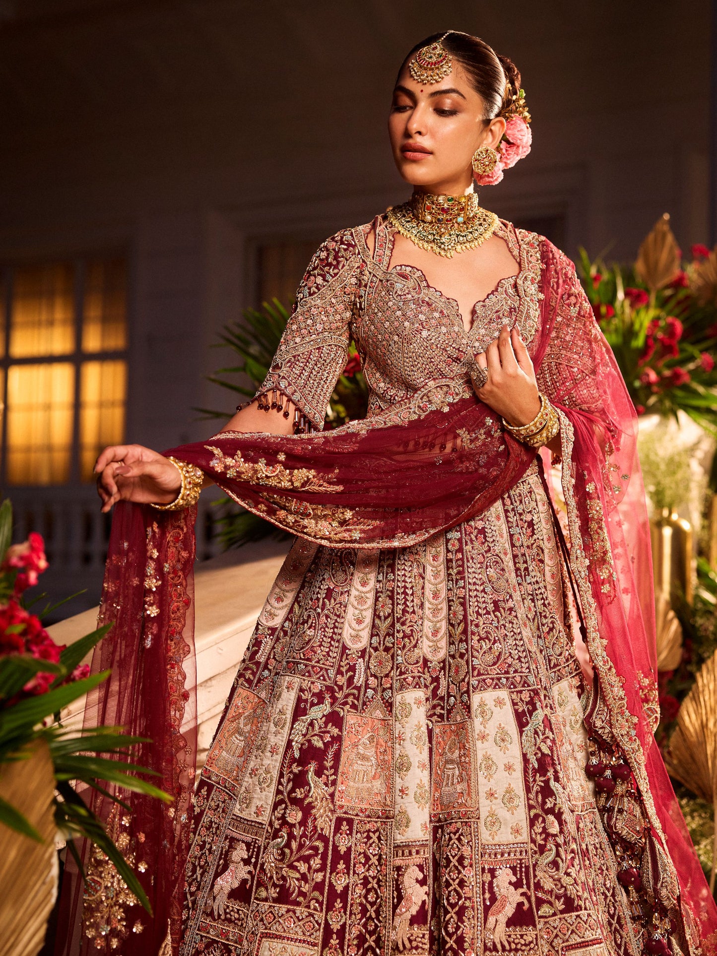 Wine Colour Bride And Groom Motif Hand Embroidered Bridal Lehenga