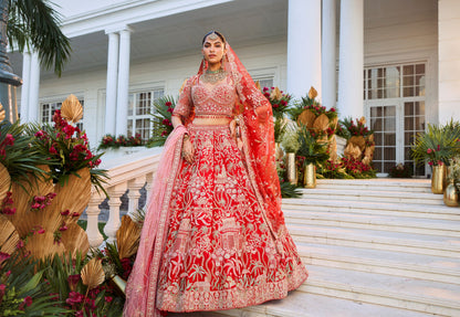 Red Colour Floral Motif Hand Embroidered Bridal Lehenga