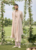 Beige Suede Velvet Sherwani Set With Zardosi Accents & French Knot Threadwork