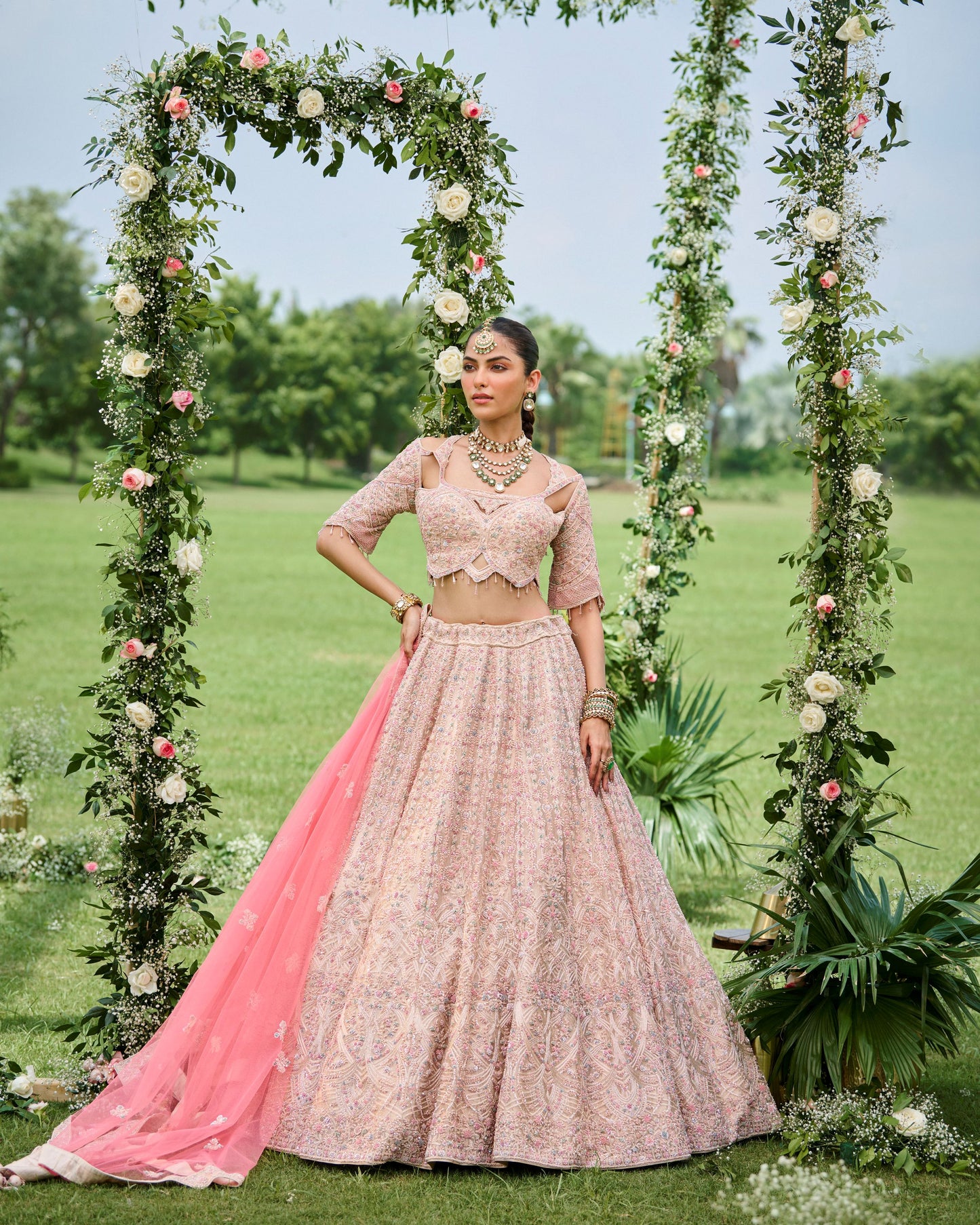 Pure Tissue Hand Embriodered Knots Work Lehenga