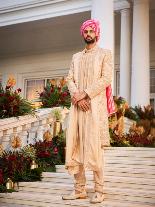 Ash Raw Silk Sherwani Set With Rose Gold Zardosi Work