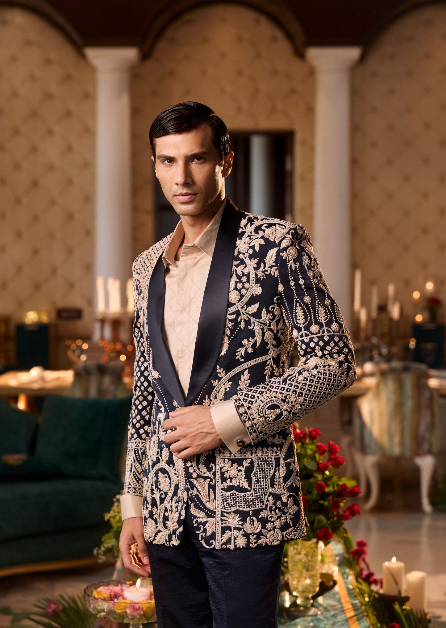 Navy Blue Tuxedo Set With Threadwork