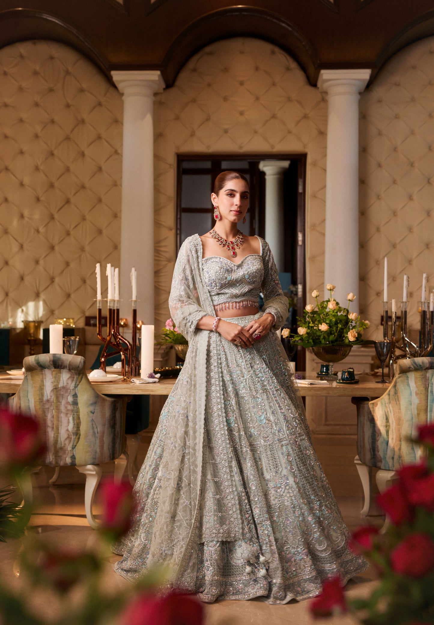 Pista Green Lehenga With Hand Work Floral Motif Embroidery