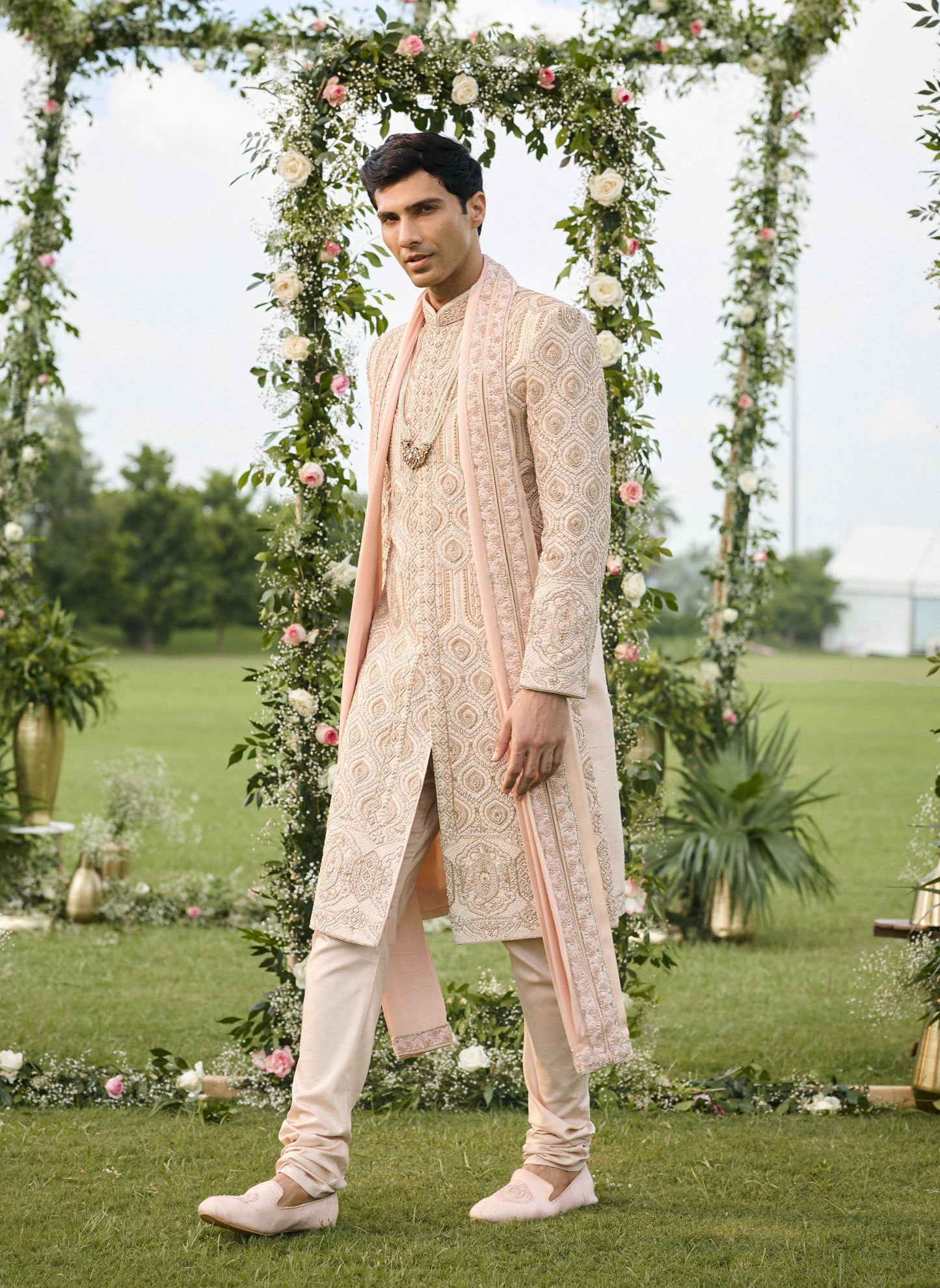 Peachish Pink Raw Silk Sherwani Set With Rose Gold Zardosi Work