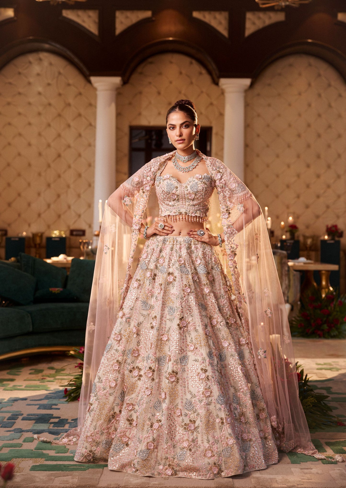 3D Embriodered Offwhite Floral Lehenga