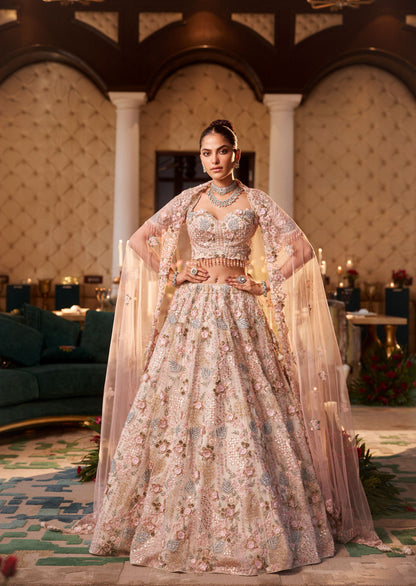 3D Embriodered Offwhite Floral Lehenga