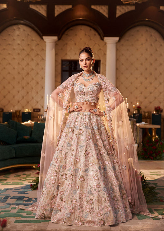 3D Embroidered Offwhite Floral Lehenga