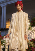 Ivory Raw Silk Sherwani Set With Golden Zardosi & French Knot Work