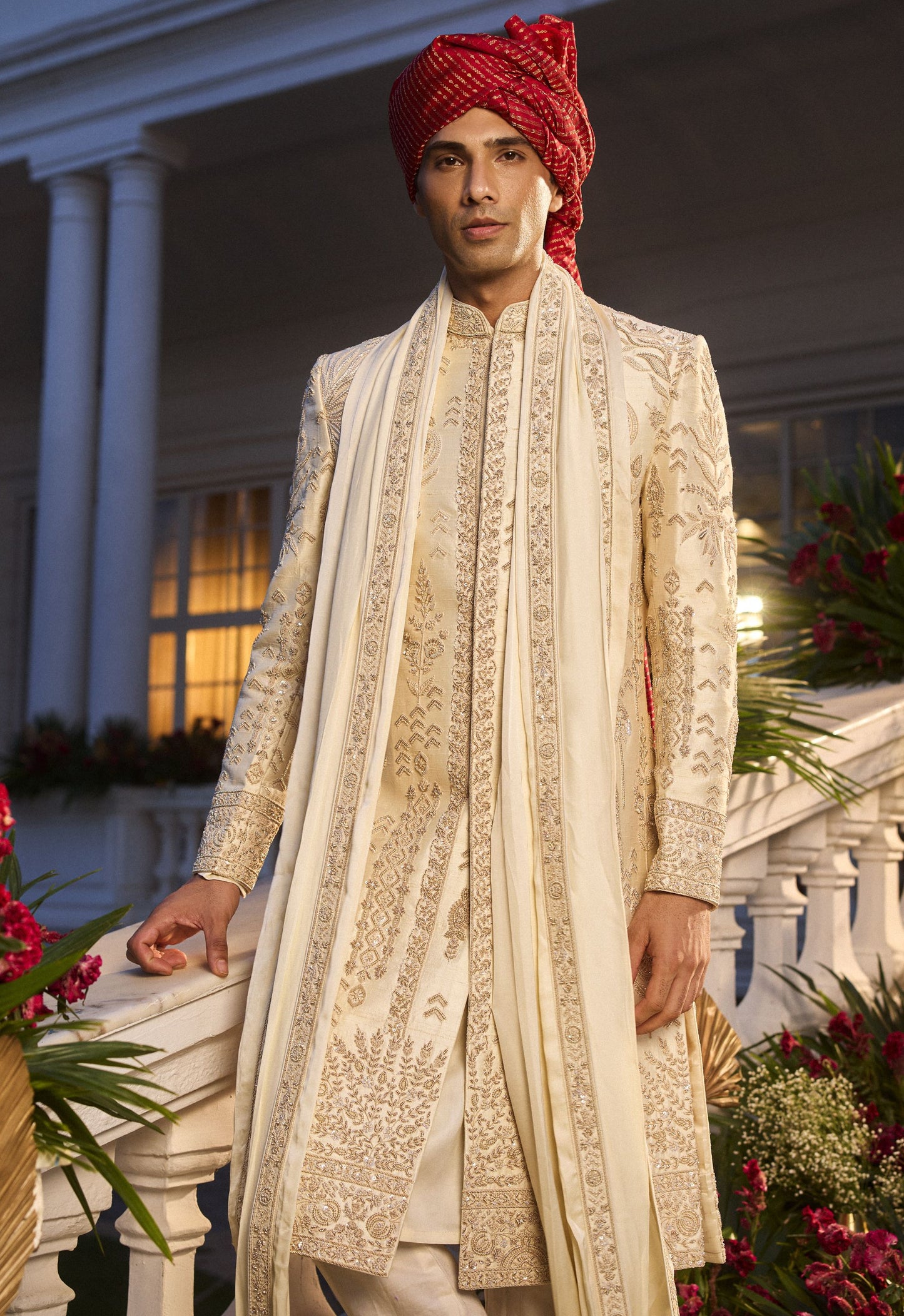 Ivory Raw Silk Sherwani Set With Golden Zardosi & French Knot Work