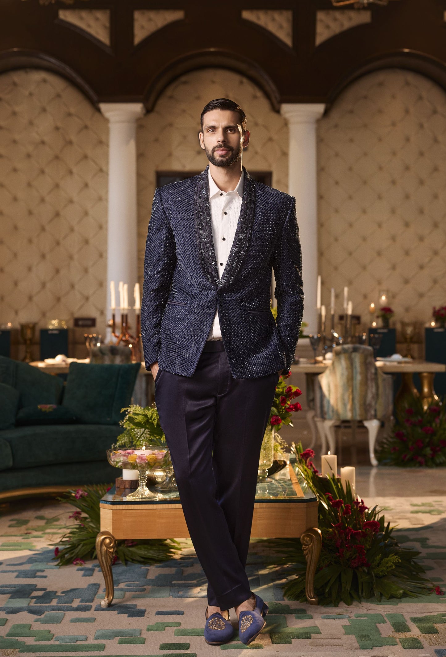 Dark Blue Suede Tuxedo Set