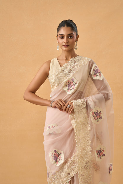 Baby Pink Organza Parsi Saree