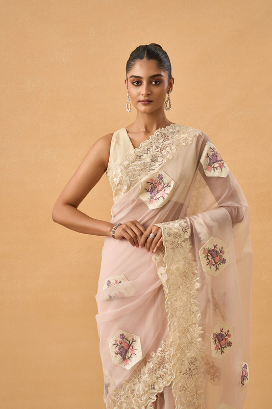 Baby Pink Organza Parsi Saree