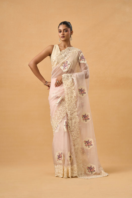 Baby Pink Organza Parsi Saree