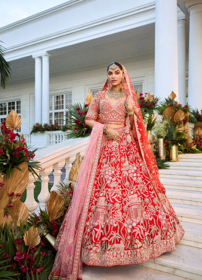 Red Colour Floral Motif Hand Embroidered Bridal Lehenga