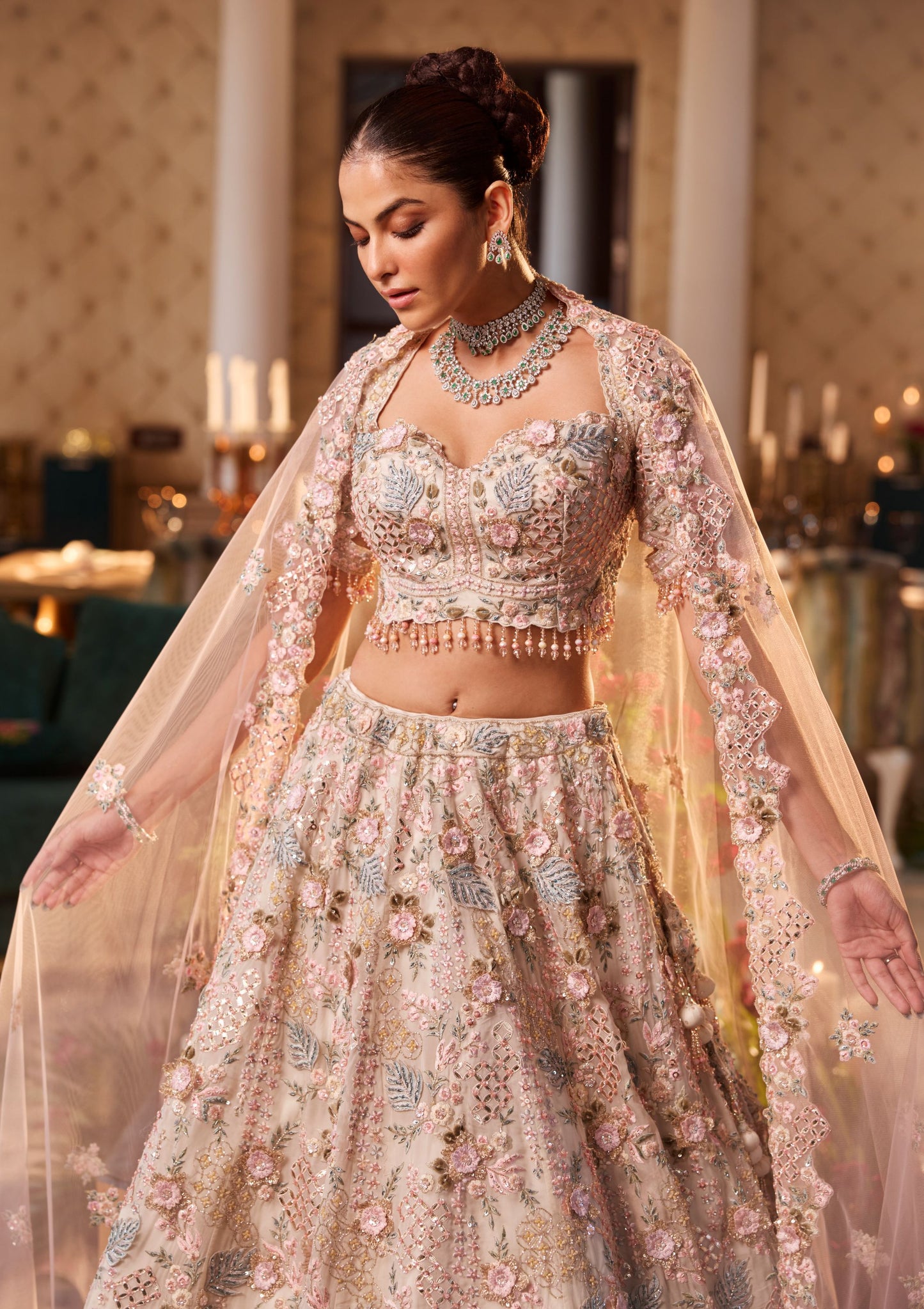 3D Embriodered Offwhite Floral Lehenga