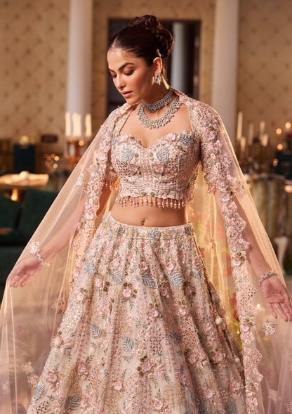 3D Embriodered Offwhite Floral Lehenga