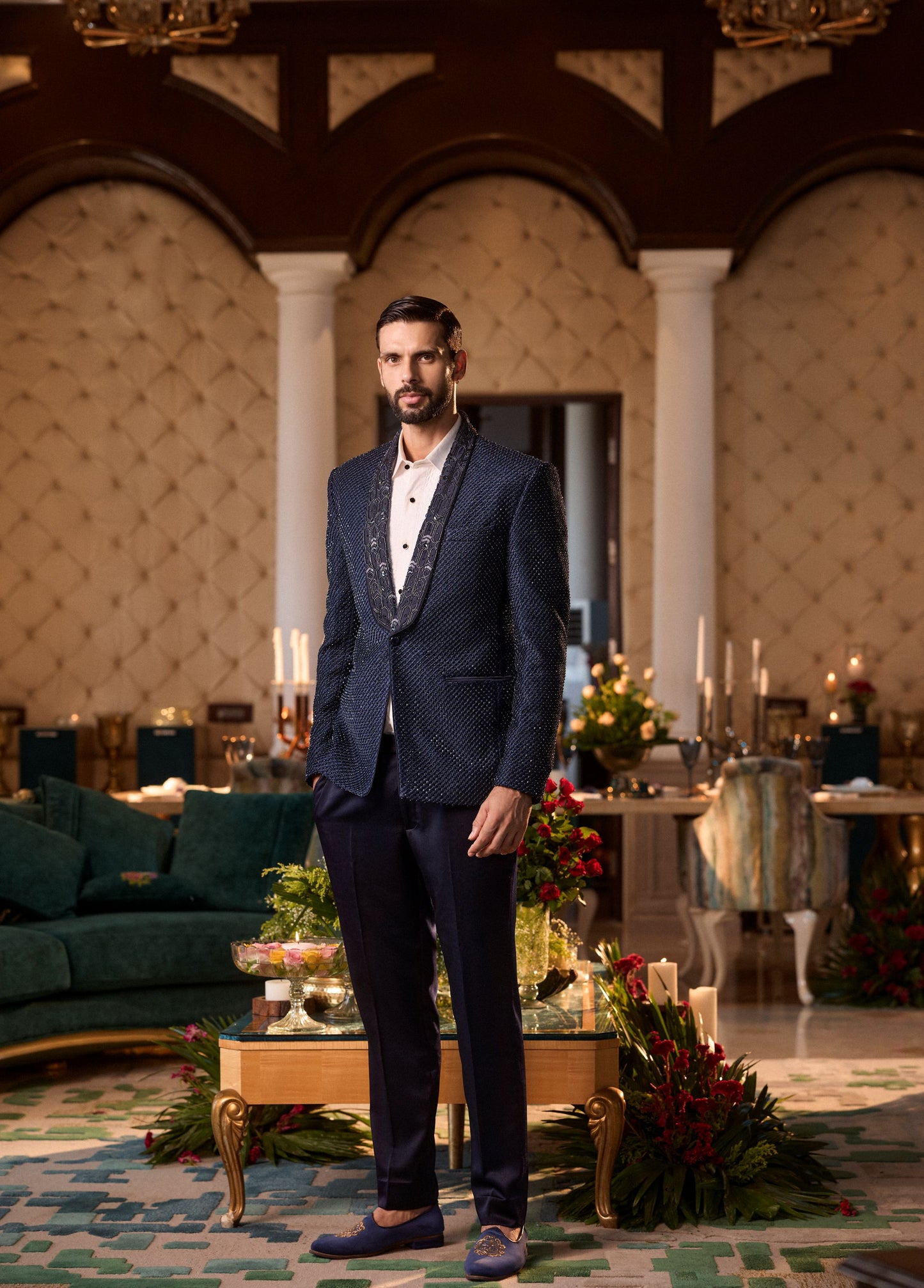 Dark Blue Suede Tuxedo Set