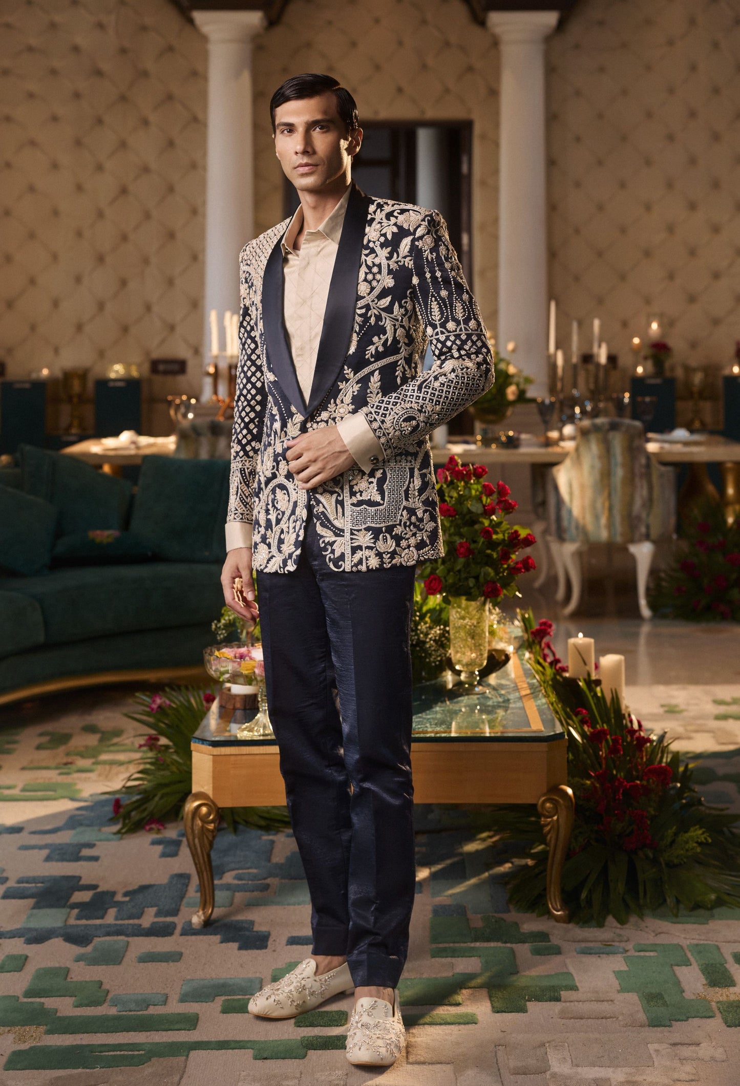 Navy Blue Tuxedo Set With Threadwork