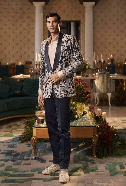 Navy Blue Tuxedo Set With Threadwork