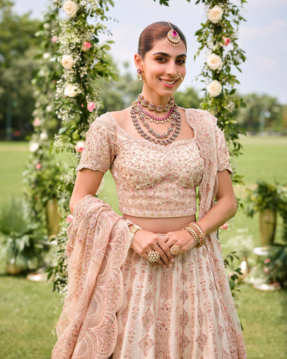 Powder Pink Heavy Hand Embriodered Lehenga On Raw Silk