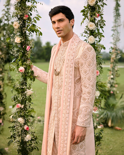 Peachish Pink Raw Silk Sherwani Set With Rose Gold Zardosi Work