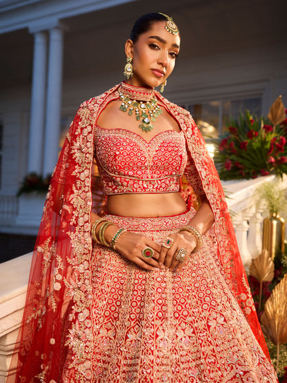 Red Colour Bridal Lehenga With Intricate Knots & Zardosi Work
