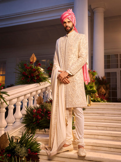 Cream Paisley Raw Silk Sherwani Set With Golden Zardosi Work