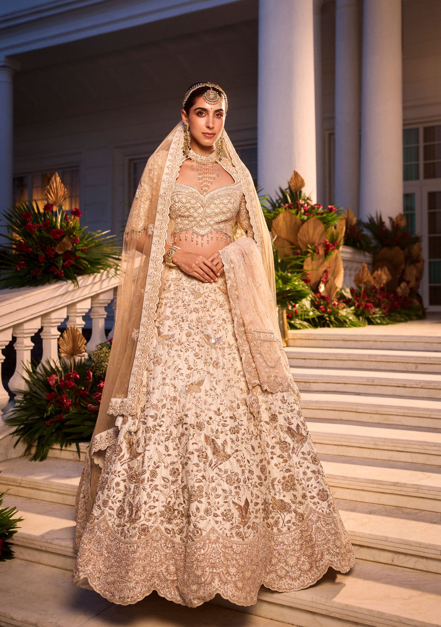 Off-White Heavy Zardosi Work Lehenga With Bird Motif