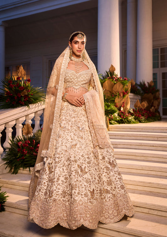 Off-White Heavy Zardosi Work Lehenga With Bird Motif