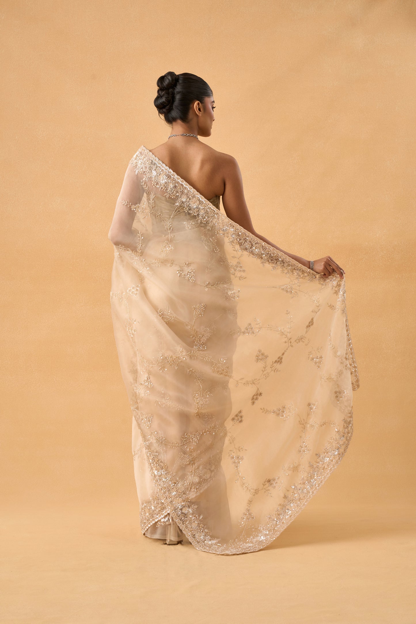 Golden Organza Saree With Cutdana and Sequins Work