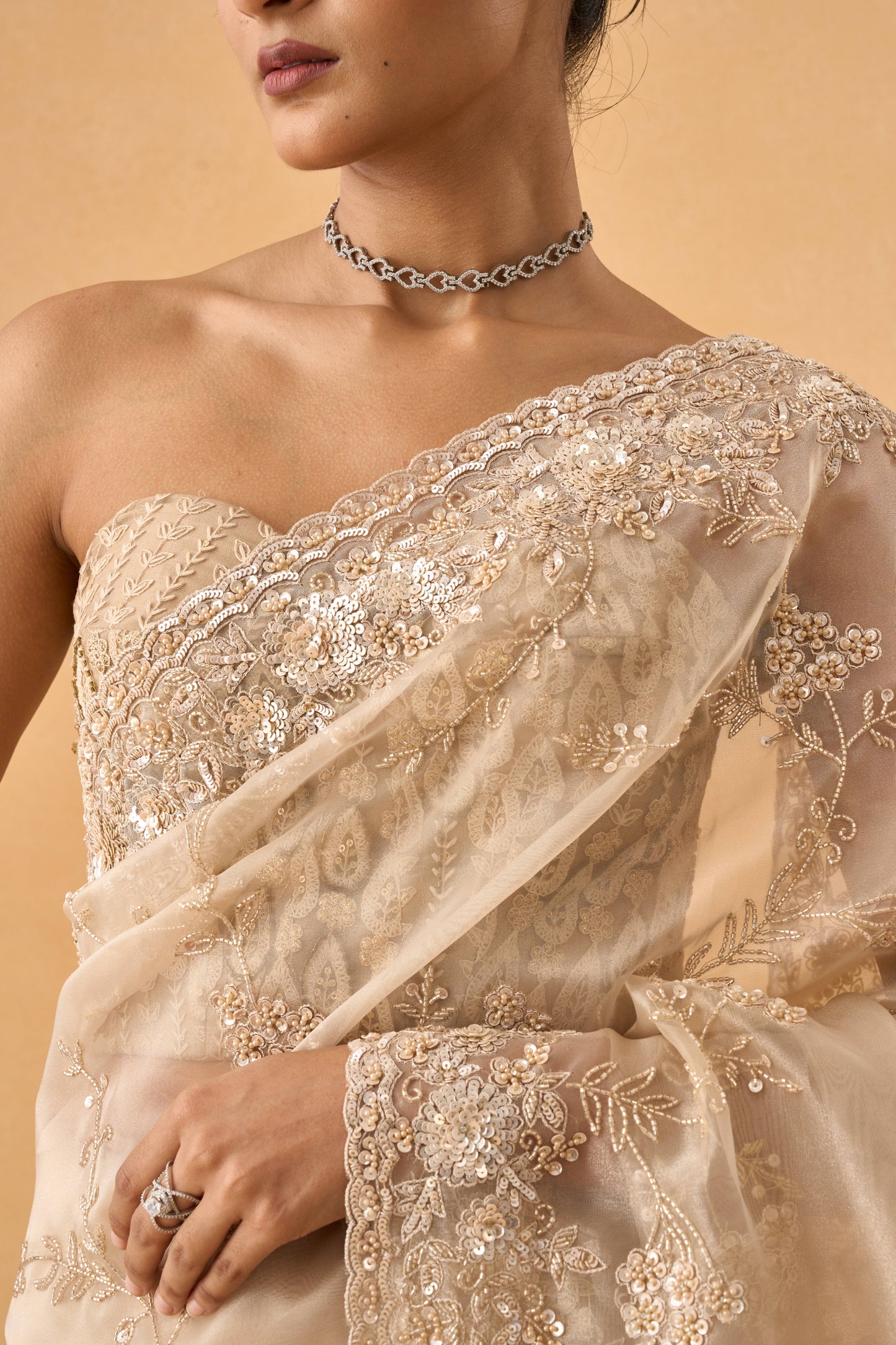 Golden Organza Saree With Cutdana and Sequins Work