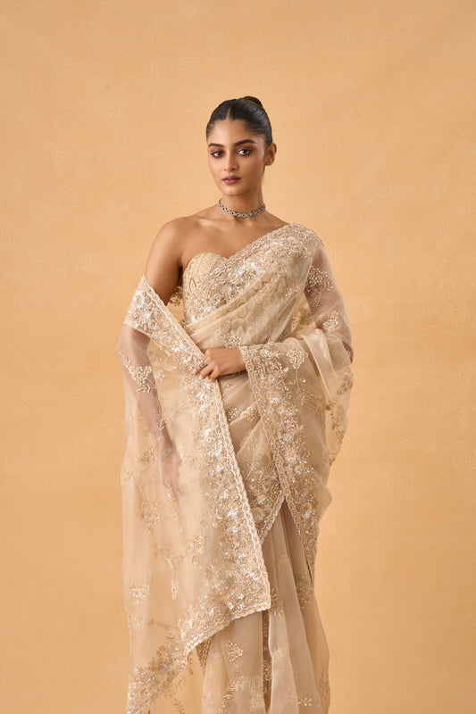 Golden Organza Saree With Cutdana and Sequins Work