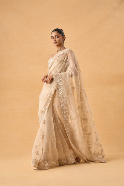 Golden Organza Saree With Cutdana and Sequins Work